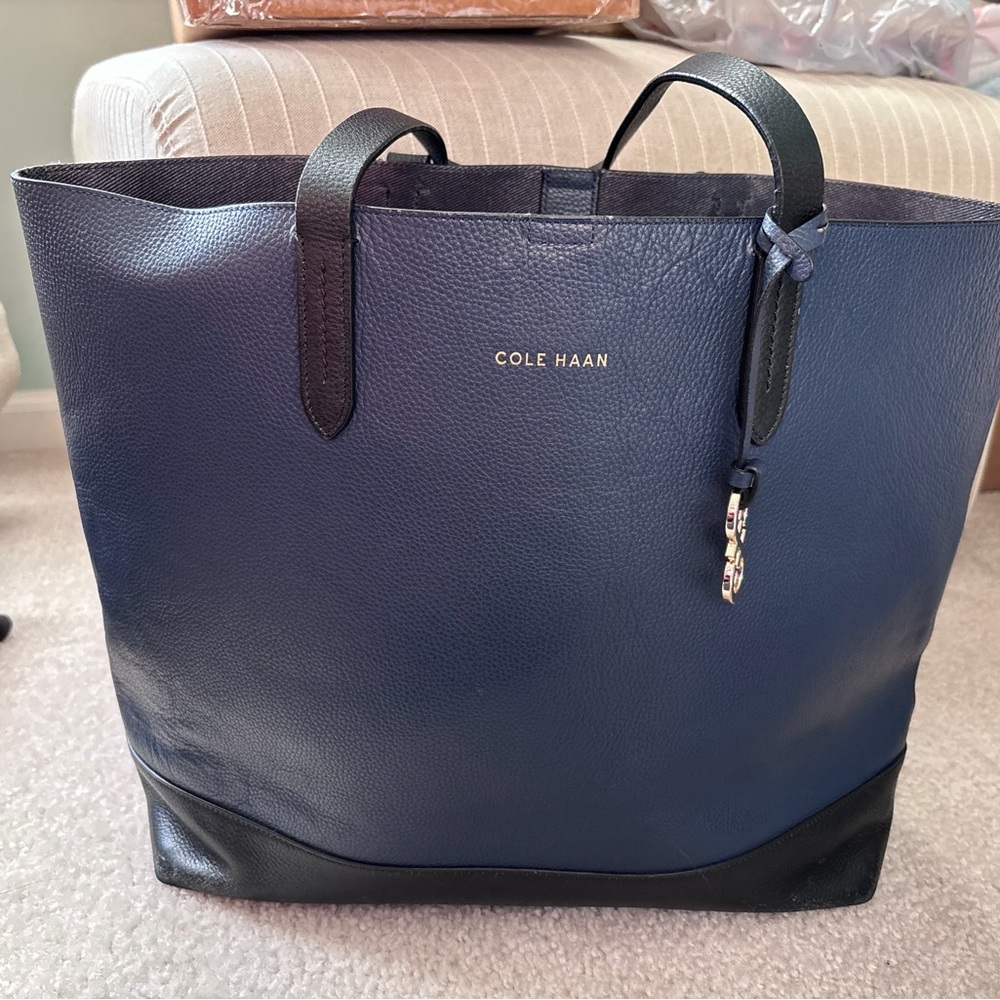 Cole Haan Navy and Black Pebbled Leather Tote with Gold Logo